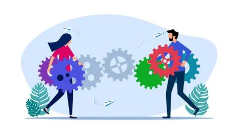 People help each other to solve gear problems. Concepts for solving work proc Illustrazione stock