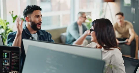 People, high five and computer with coding success for software development Stock Footage 290060832