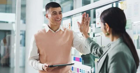 People, high five and team for app development at startup, motivation or ta.. Stock Photos