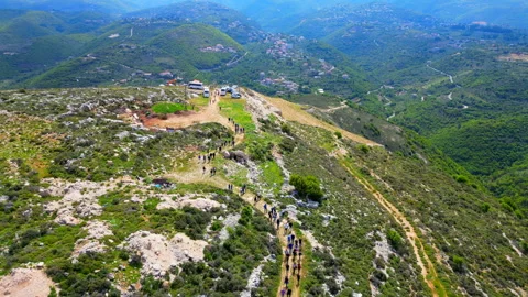 People hiking at the mountain. Valley view Stock Footage 246129281