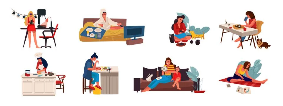 People with hobbies. Flat creative characters cooking playing sewing and doing Stock Illustration