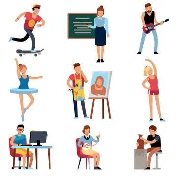 People hobbies. Persons and creative handicraft hobby. Cartoon musician dancer Stock Illustration