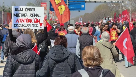 People hold up a banner reading "We are Ataturk's children" at rally, to protest Stock Footage 305677873