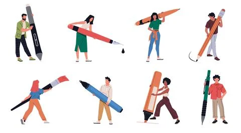 People hold big pen. Tiny men and women write and draw, office characters, pens 스톡 일러스트