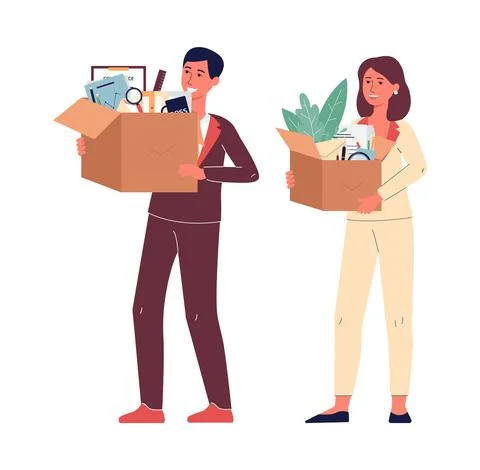 People holding boxes with office supplies, flat vector illustration isolated. Illustrazione stock