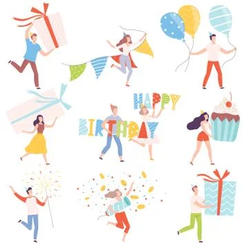 People Holding Gift Boxes Set, Tiny Persons Celebrating Birthday or Important Stock Illustration