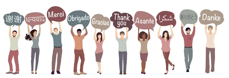 People holding hands bubbles with text -thank you- in international languages Stock Illustration