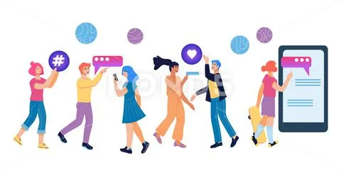 People holding hands on social media communication icons, messaging and chatt Stock Illustrationen