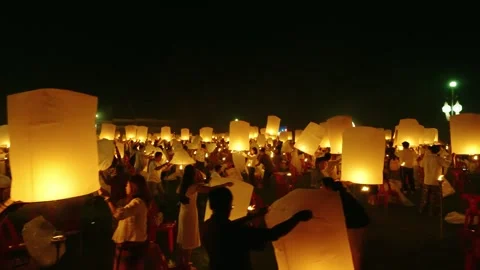 People Holding Lanterns Before Release at Yi Peng Festival Chiang Mai Stock Footage 319017691