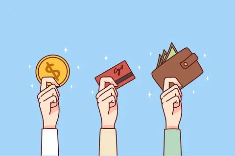 People holding various payment methods Stock Illustration