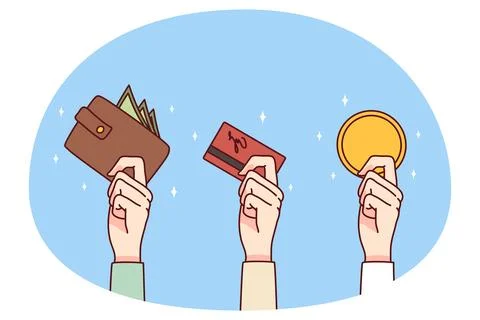 People holding various payment methods Stock Illustration