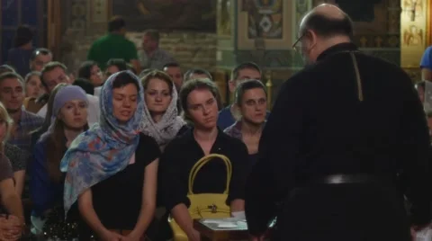 People in Holy Trinity Jonah's Monastery Kiev Ukraine Dormition of a Mary Stock Footage 57998347