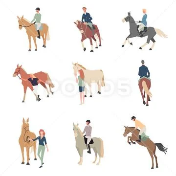 People on horseback. A rider on a horse. Horse breeds color flat icons set. Stock Illustration