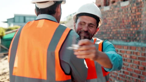 People, hug and collaboration at construction site for architecture, engineering Stock Footage 336201998