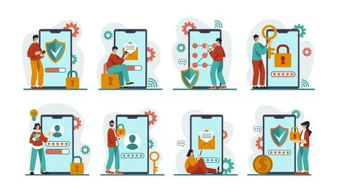 People with huge smartphones. Access data secure. VPN safety. Web document pa 스톡 일러스트