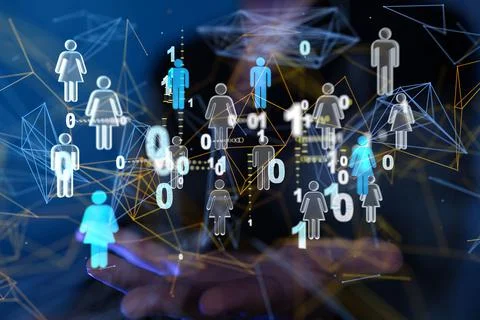 People icons with binary numbers hovering above the hand. Stock Photos