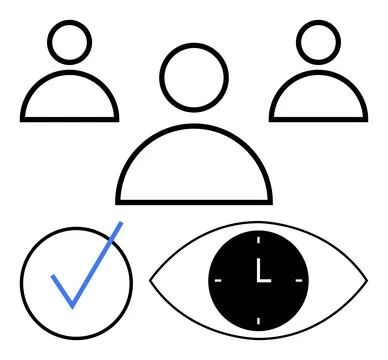 People icons, checkmark, clock inside an eye symbolizing teamwork, goal setti Stock Illustration