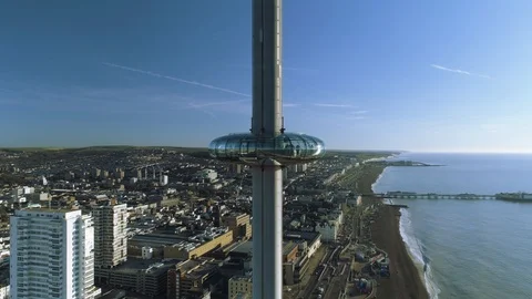 People inside i360 viewing tower pod looking at coastal view, drone aerial 4K Stock Footage 101203747