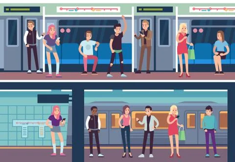 People inside subway. Public transport underground station. Metro platform and Illustrazione stock