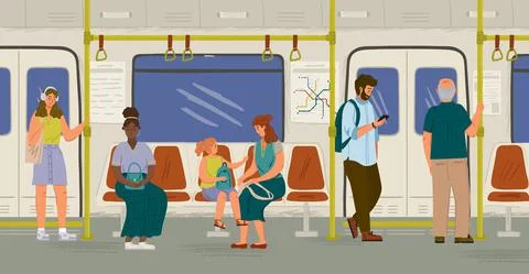 People inside subway train concept vector illustration. Passengers stand and sit Illustrazione stock
