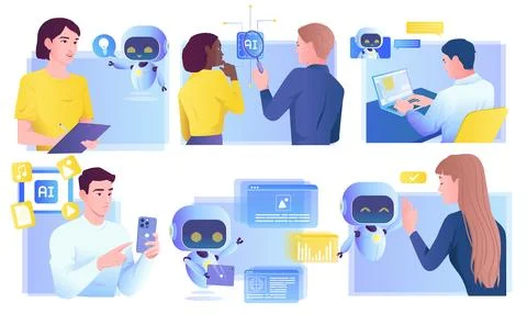 People interact with ai apps. Set of scenes with men and women using artificial Illustrazione stock