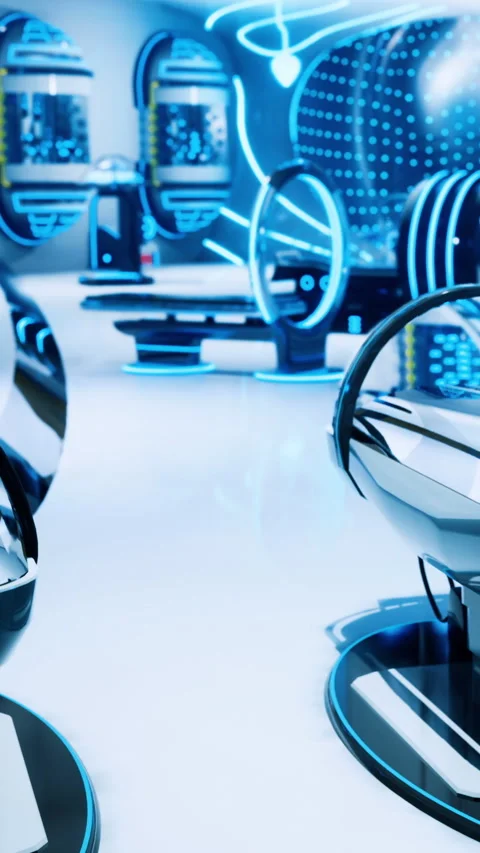 People interact with technology in a futuristic setting with glowing elements Stock Footage 332231502