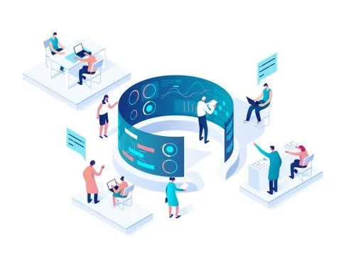 People interacting with charts and analyzing statistics. Illustrazione stock