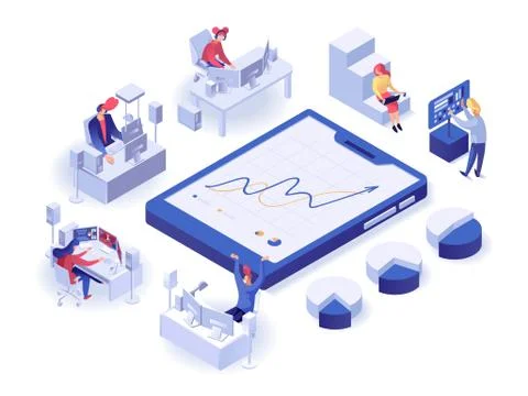 People interacting with charts isometric poster Stock Illustration