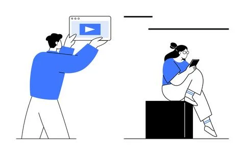 People Interacting with Digital Content on Devices, Highlighting Online Eng.. Stock Illustration