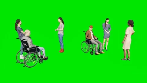 People interacting with a disabled man set on a 3d animated green screen Видео 329596871