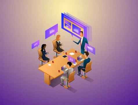 People interacting with graphs and papers while have digital meeting. Workflow Stock Illustration