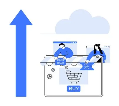 People interacting with online shopping interface showcasing a cashback offer Ilustração Stock