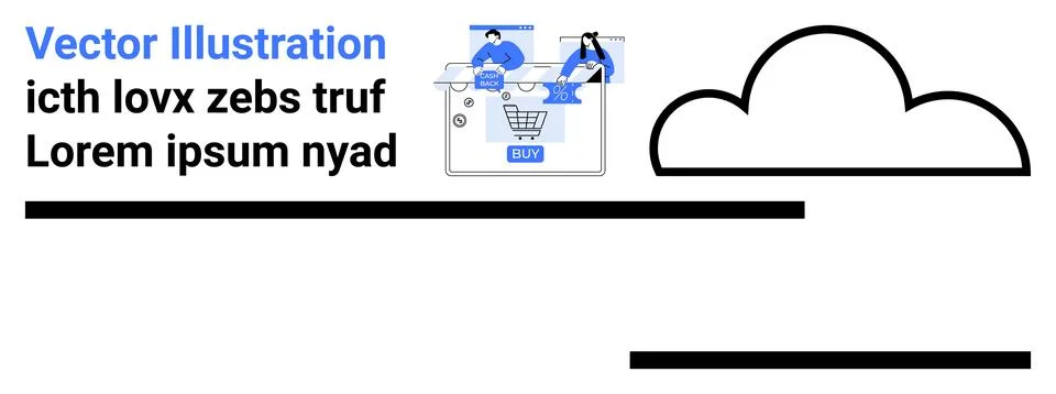 People interacting with online store interface above a Buy button, large clou Stock Illustration