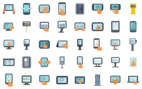 People interacting with touch screen devices of different types and sizes icon Illustrazione stock