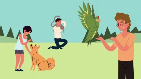 People interacting with various pets in a scenic park landscape with mountain Stock Footage 339115643
