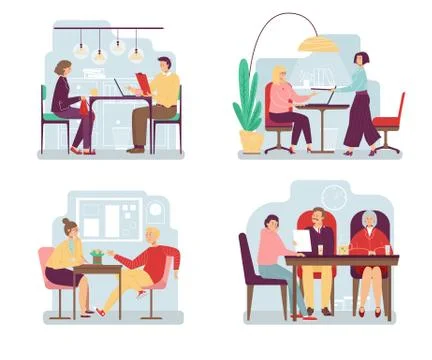 People at job interview, different behavior cartoon characters, vector Illustrazione stock