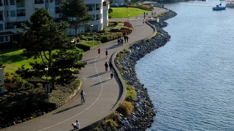 People jogging and cycling on Vancouver seawall on sunny day Stock Footage