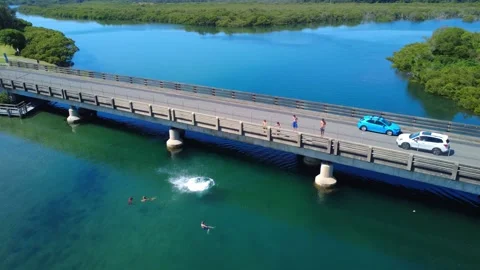 People Jumping Off Bridge into Blue River on Summer Day Stock Footage 331606905