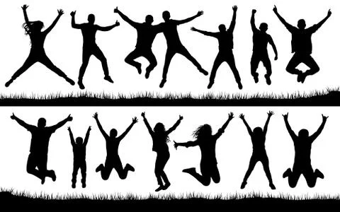 People jumping, friends man and woman set. Cheerful girl and guy silhouette c Stock Illustration
