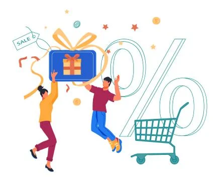 People jumping for joy with gift certificate in hands, flat vector illustration. Illustrazione stock