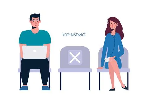 People keep their distance, sit in line. A socially safe distance between a man Stock Illustration