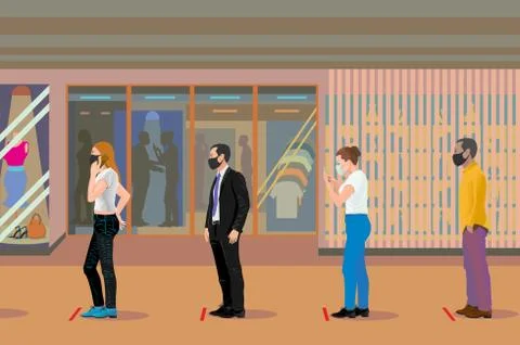 People keep their distance when entering the mall. Illustrazione stock