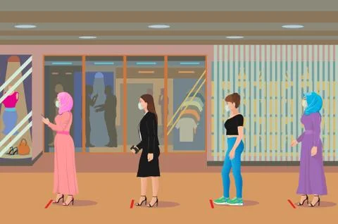 People keep their distance when entering the mall. Illustrazione stock