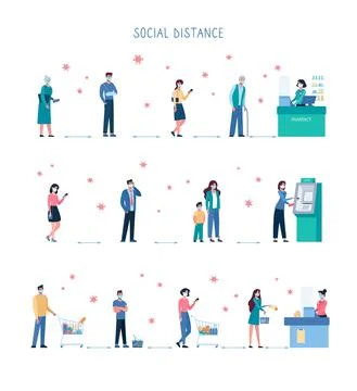 People keep their distance when they stand in line at the ATM, supermarket Stock-Illustration