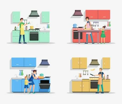 People in kitchen vector illustrations set. Cheerful adults and little children Stock Illustration