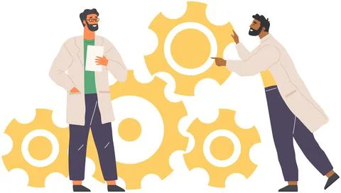 People in lab coats create plan of new startup. Scientists near gears working on Illustrazione stock