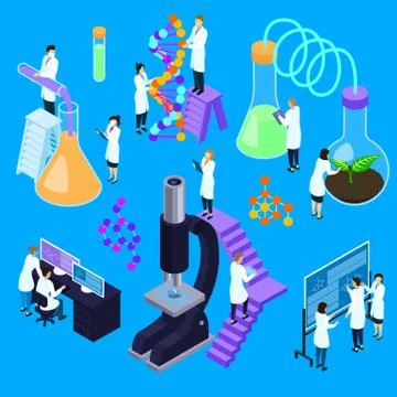 People in lab isometric vector scientists researching in laboratory Ilustração Stock