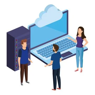 People with laptop and server cloud computing Stock Illustration