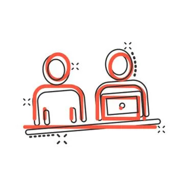 People with laptop computer icon in comic style. Pc user cartoon vector illus Stock Illustration