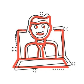 People with laptop computer icon in comic style. Pc user cartoon vector illus Stock Illustration